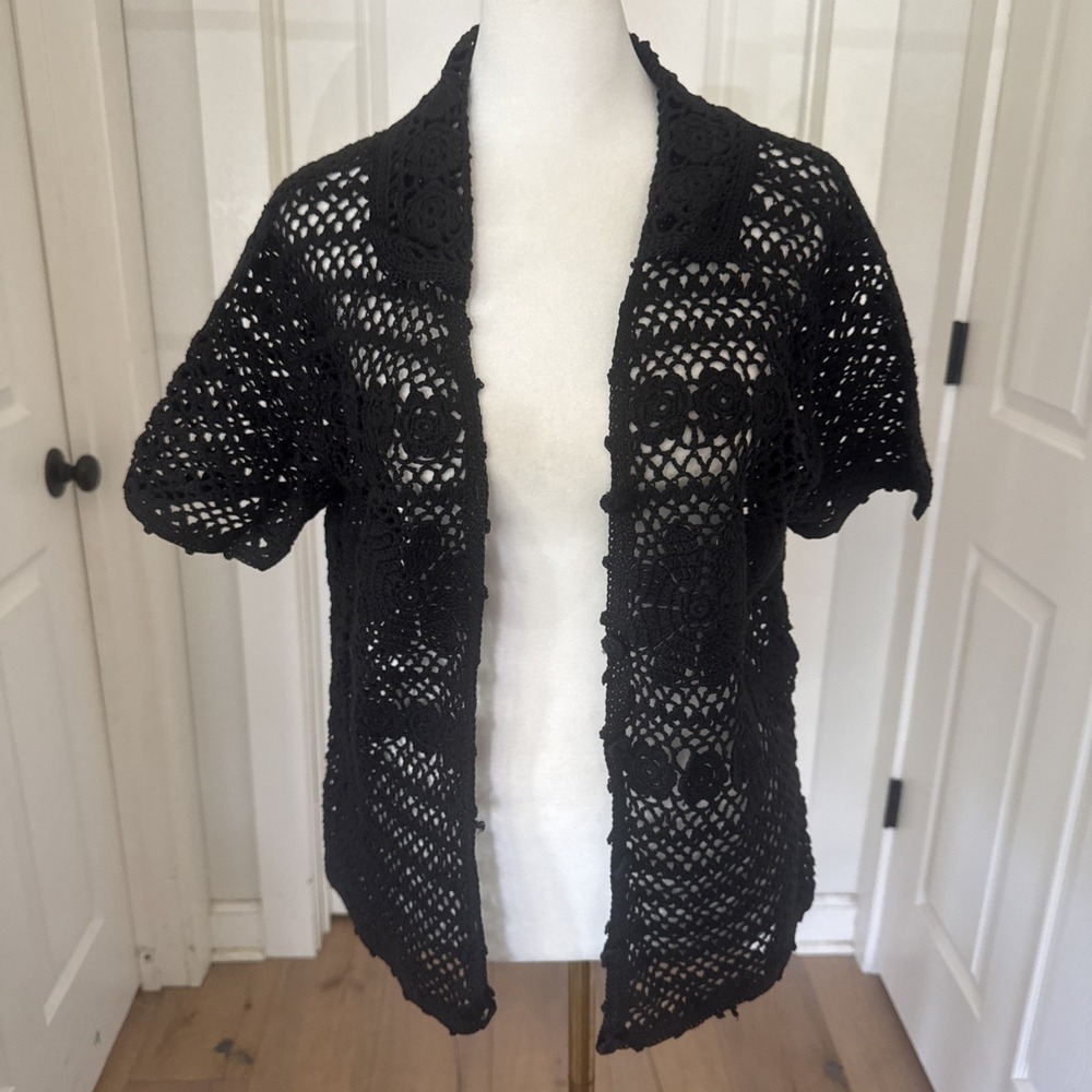 Spice of Life Black Crochet Cardigan Short‎ Sleeve Open Knit Ramie Cotton M Y2K